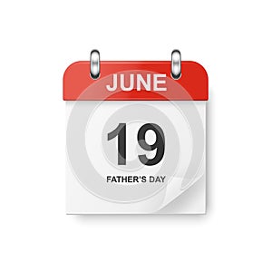 Fathers Day. June 19th. Fathers Day Background. Vector 3d Realistic Simple Red, White Calendar, Folded Paper Corner