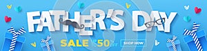 Fathers Day Sale banner, poster or flyer design with flying origami hearts, gifts, paper mustache and glasses