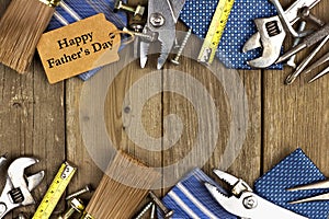 Fathers Day tag with tools and ties frame on wood