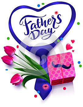 Fathers day text template greeting card. Flowers, mustache and gift box