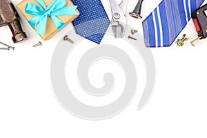 Fathers Day top border of gifts, ties and decor isolated on white