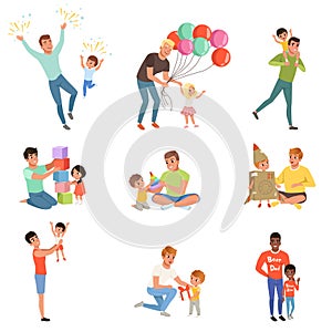 Fathers playing and enjoying good quality time with their happy little children set, fatherhood concept vector