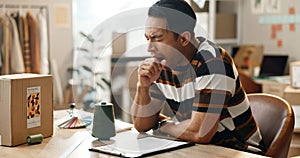 Fatigue, man and yawning with shipping company, delivery worker at desk with brain fog, small business and clipboard