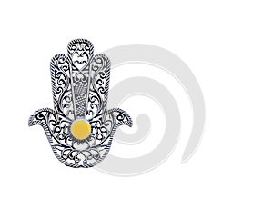 Fatima Hand on a white background with a copyspace. Ancient symbol and traditional modern tourist souvenir of Tunisia