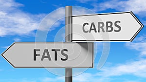 Fats and carbs as a choice - pictured as words Fats, carbs on road signs to show that when a person makes decision he can choose