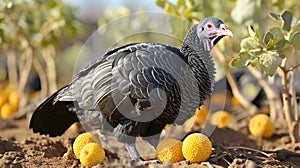 Fattened black turkey in a farm garden