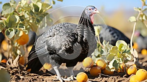 Fattened black turkey in a farm garden