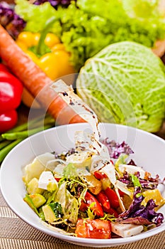 Fattoush salad with vegetables on white plate