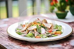 fattoush served with grilled chicken on a plate