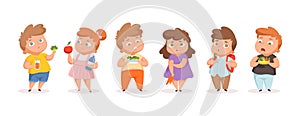 Fatty children on diet. Overweight kids eating vegetables and fruits. Isolated unhappy teens vector illustration