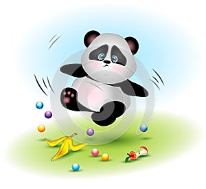 A clumsy and sad bear of a panda falls slipping on a garbage. Vector. photo