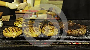 Fatty grilled meat, barbecue. Unhealthy food at street food festival. Obesity