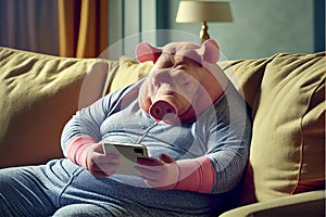 Fatty pig in pyjama lying on sofa with smartphone, conceptual ai illustration