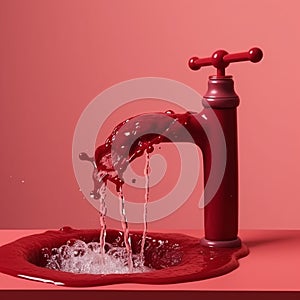 faucet above the sink, the flow of red water from the tap. Generative