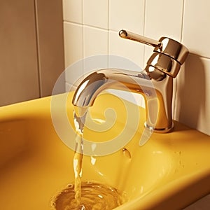 faucet above the sink in yellow, the flow of water from the tap. Generative