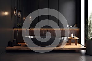 bathtub design wood 3d furniture home interior bathroom black luxury modern. Generative AI.