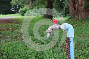Faucet installed in outdoor park, water saving concept.
