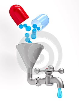 Faucet and medicament on white background. Isolated 3D illustrat