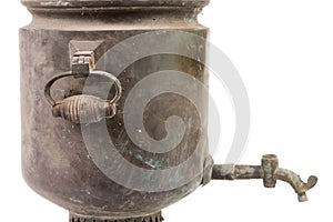 Faucet of old dirty Russian samovar in a cobweb