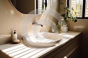 interior sink sunlight design modern faucet bathroom counter beautiful luxury house. Generative AI.