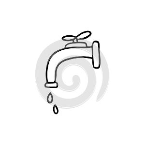 A faucet from which water drips in black isolated on white background. Hand drawn vector sketch doodle illustration in