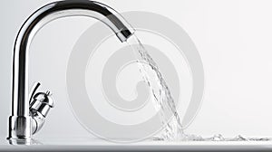 A faucet from which water flows on a white background.