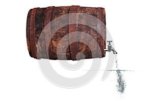 Faucet in wooden barrel with water and bubbles