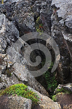 The fault that marks the continental separation in plate tectonics between Europe and America, above Grjotagja cave, Iceland.