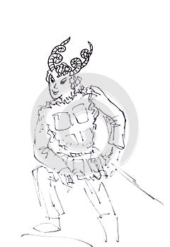 Faun as a warlord, graphic concept black and white drawing on white background