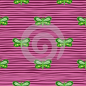 Fauna abstract seamless pattern with green bright folk butterfly shapes. Pink striped background