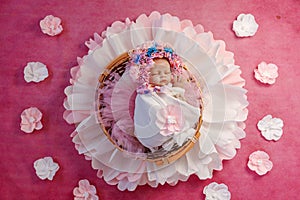 Faux baby reborn, little doll on flower background