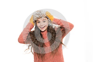 Faux fur trend. Girl long hair wear fur hat white background. Softener for woolen garments. Soft feelings. Playful