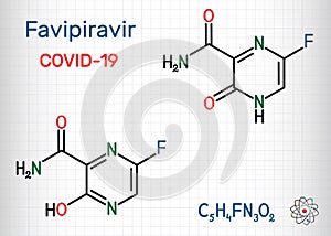 Favipiravir, C5H4FN3O2 molecule. It is antiviral medication, has activity against RNA viruses, avian influenza, Ebola virus, Lassa