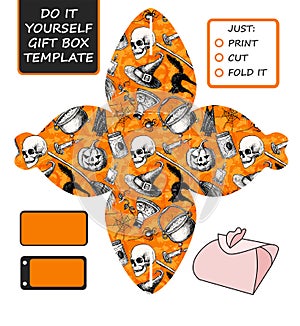 Favor, gift box die cut. Box template with Halloween pattern