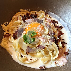 Favorite Fetuccini Carbonara dish in Italian restaurant