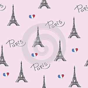 Favorite Paris. Vector illustration with the image of the Eiffel Tower. Seamless Pattern