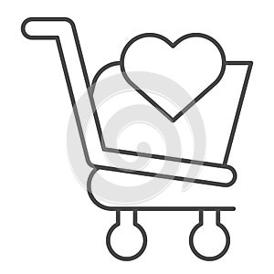 Favorite shopping cart with heart thin line icon. Market trolley with heart shape. Commerce vector design concept
