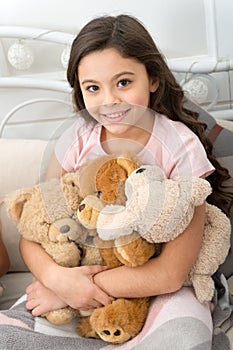 Favorite toys. Christmas gift concept. Teddy bear improve psychological wellbeing. Child small girl playful hold teddy