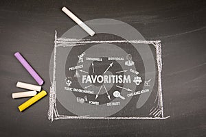 Favoritism. Illustration with arrows, keywords and icons on a dark chalkboard background photo