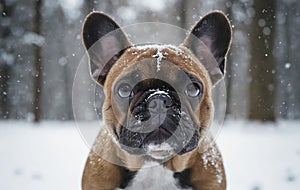 Fawn Bulldog laying in snow, staring at camera with wrinkled snout and whiskers