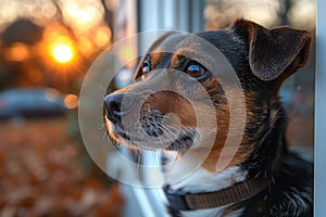 Fawn Canidae dog gazes at sunset through window, showcasing whiskers and ears