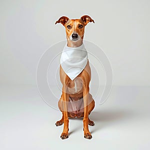 A fawn colored dog sits squarely facing forward wearing a white bandana against a plain white background
