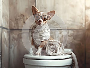 Fawn dog with glasses sits on toilet, wearing pet supply glasses