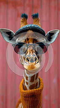 Fawn giraffe in sunglasses and sweater in front of red wall