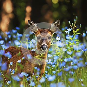 A fawn in a meadow among the wildflowers of cornflowers.