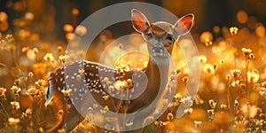 Fawn in the meadow with yellow flowers in the backlight