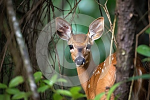 fawn peeking out from behind forest shrubbery