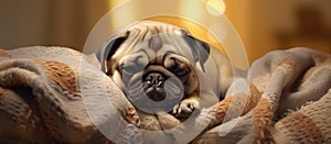 Fawn Pug, a Carnivore from Canidae family, naps on bed blanket