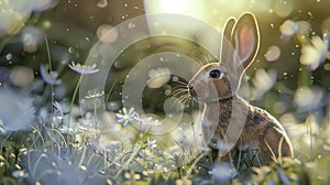 A fawn rabbit sits among flowers in a grassy field