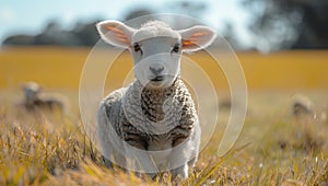 A fawn sheep standing in a grassy Ecoregion field, gazing at the camera